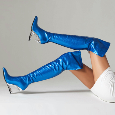 Blue Pointed Toe Animal Tooth Design Heel Over the Knee Boots