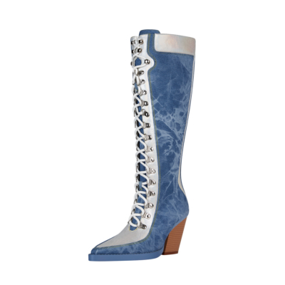 Pointed Toe Block Heel Lace up Denim Knee High Boots