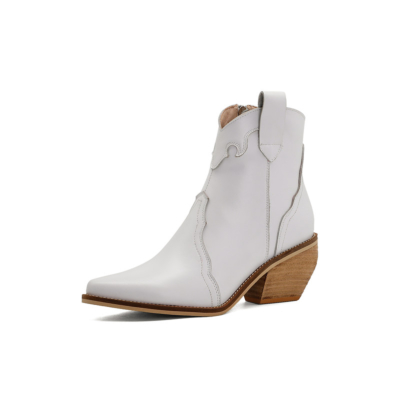 White Pointed Toe Cowboy Boots Retro Women's Ankle Booties Western Boots with Chunky Heels 
