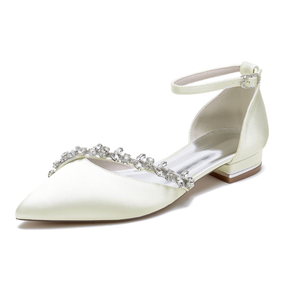 Ivory Pointed Toe Flat Rhinestone Ankle Strap Wedding Shoes