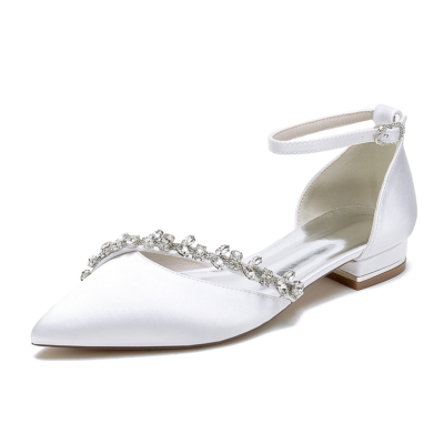 White Pointed Toe Flat Rhinestone Ankle Strap Wedding Shoes