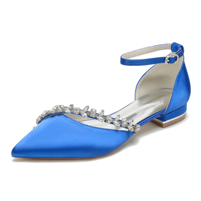 Royal Blue Pointed Toe Flat Rhinestone Ankle Strap Wedding Shoes