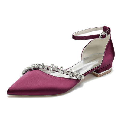 Burgundy Pointed Toe Flat Rhinestone Ankle Strap Wedding Shoes