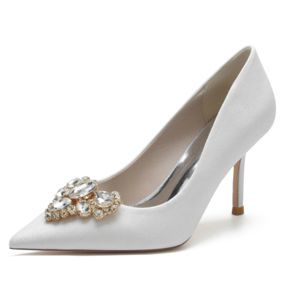 White Pointed Toe Glitter Heel Pumps Rhinestone Party Shoes