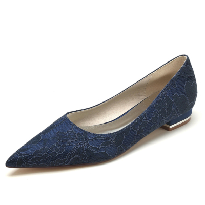 Navy Pointed Toe Lace Pumps Flats Bridal Wedding Flat Shoes