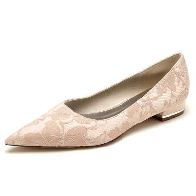 Pink Pointed Toe Lace Pumps Flats Bridal Wedding Flat Shoes