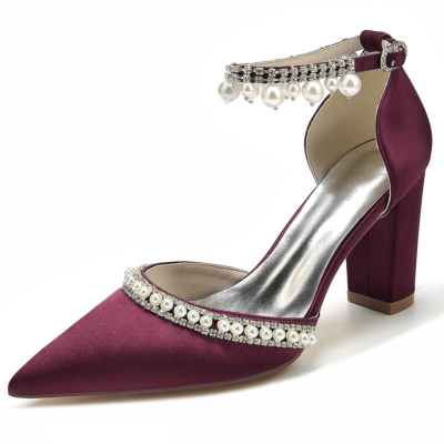 Burgundy Pointed Toe Pearl Rhinestone Ankle Strap Chunky Hee Pumps Wedding Shoes
