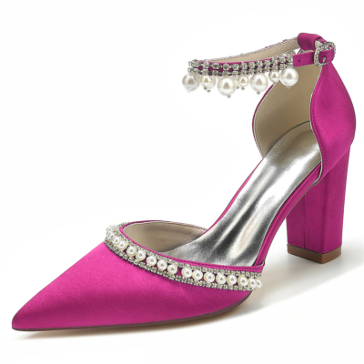 Magenta Pointed Toe Pearl Rhinestone Ankle Strap Chunky Hee Pumps Wedding Shoes
