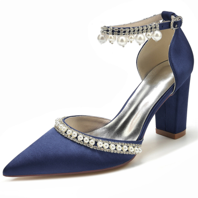 Navy Pointed Toe Pearl Rhinestone Ankle Strap Chunky Hee Pumps Wedding Shoes