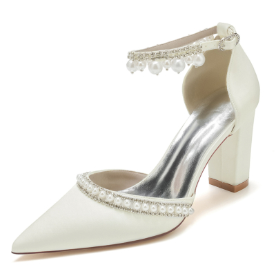 Ivory White Pointed Toe Pearl Rhinestone Ankle Strap Chunky Hee Pumps Wedding Shoes