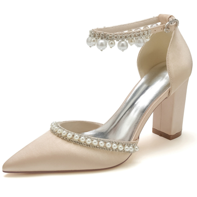 Champagne Pointed Toe Pearl Rhinestone Ankle Strap Chunky Hee Pumps Wedding Shoes