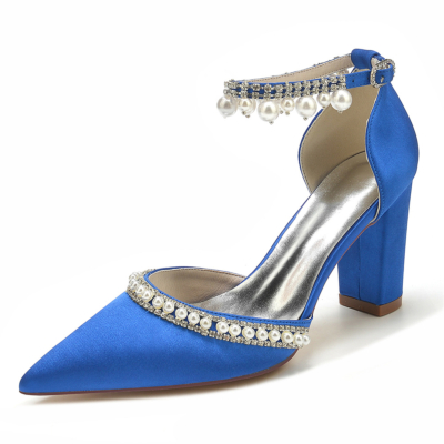 Royal Blue Pointed Toe Pearl Rhinestone Ankle Strap Chunky Hee Pumps Wedding Shoes