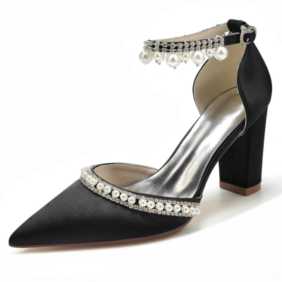 Black Pointed Toe Pearl Rhinestone Ankle Strap Chunky Hee Pumps Wedding Shoes