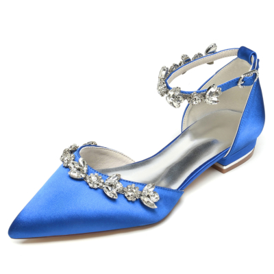 Royal Blue Pointed Toe Rhinestone Ankle Strap Wedding Flat Shoes