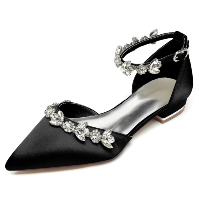 Black Pointed Toe Rhinestone Ankle Strap Wedding Flat Shoes