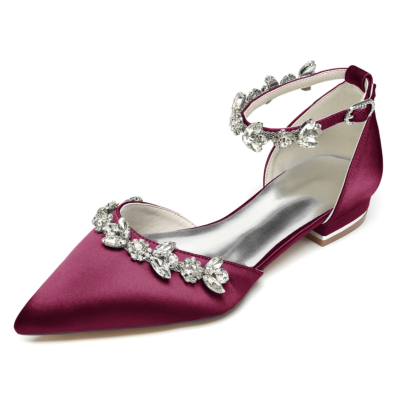 Burgundy Pointed Toe Rhinestone Ankle Strap Wedding Flat Shoes