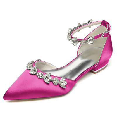 Magenta Pointed Toe Rhinestone Ankle Strap Wedding Flat Shoes