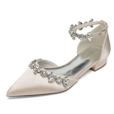 Champange Pointed Toe Rhinestone Ankle Strap Wedding Flat Shoes