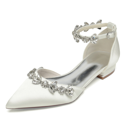 Ivory Pointed Toe Rhinestone Ankle Strap Wedding Flat Shoes