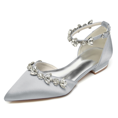 Silver Pointed Toe Rhinestone Ankle Strap Wedding Flat Shoes