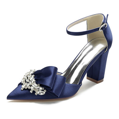 Navy Pointed Toe Rhinestone Bow Satin Ankle Strap Heels Sandals Wedding Shoes
