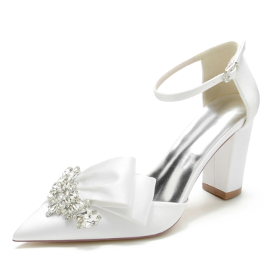 Pointed Toe Rhinestone Bow Satin Ankle Strap Heels Sandals Wedding Shoes
