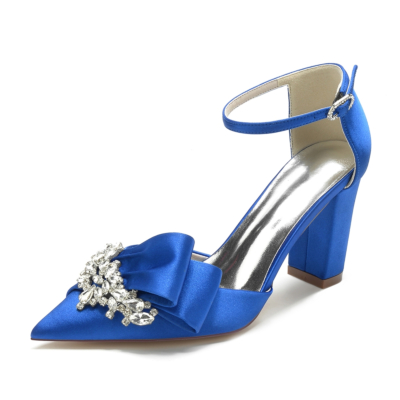 Royal Blue Pointed Toe Rhinestone Bow Satin Ankle Strap Heels Sandals Wedding Shoes