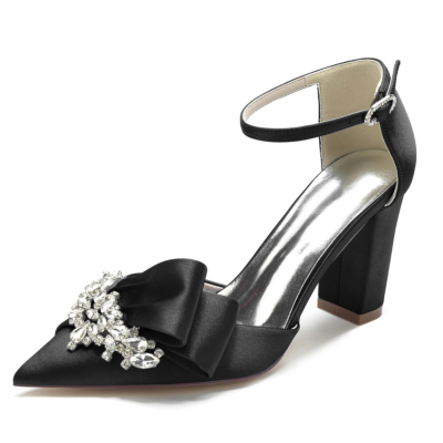 Black Pointed Toe Rhinestone Bow Satin Ankle Strap Heels Sandals Wedding Shoes