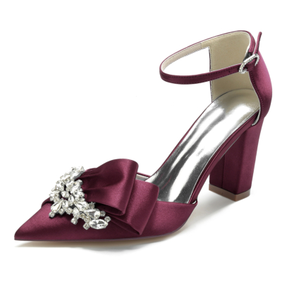 Burgundy Pointed Toe Rhinestone Bow Satin Ankle Strap Heels Sandals Wedding Shoes