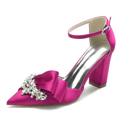Magenta Pointed Toe Rhinestone Bow Satin Ankle Strap Heels Sandals Wedding Shoes