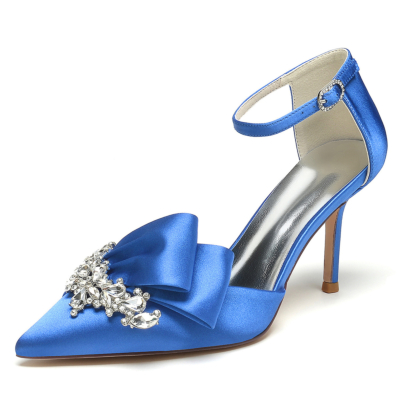 Royal Blue Pointed Toe Rhinestone Ruffle Satin Ankle Strap Stilettos Wedding Shoes