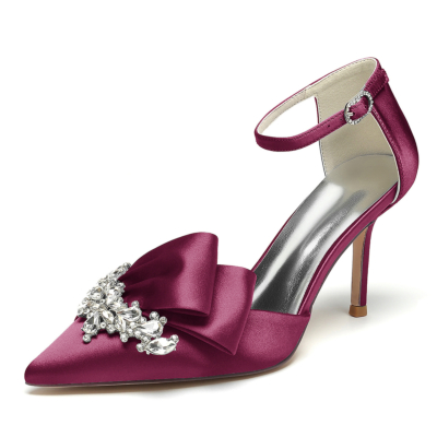 Burgundy Pointed Toe Rhinestone Ruffle Satin Ankle Strap Stilettos Wedding Shoes