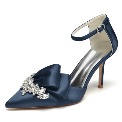 Navy Pointed Toe Rhinestone Ruffle Satin Ankle Strap Stilettos Wedding Shoes