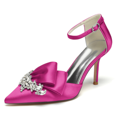 Magenta Pointed Toe Rhinestone Ruffle Satin Ankle Strap Stilettos Wedding Shoes