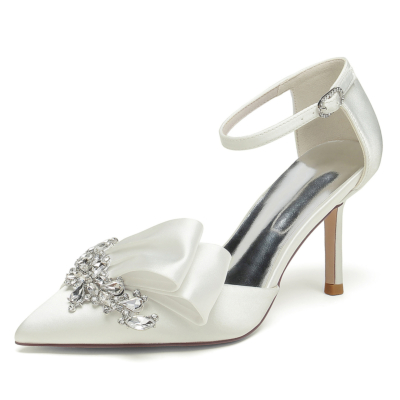 Ivory Pointed Toe Rhinestone Ruffle Satin Ankle Strap Stilettos Wedding Shoes