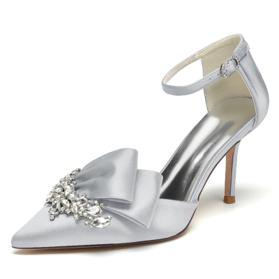 Silver Pointed Toe Rhinestone Ruffle Satin Ankle Strap Stilettos Wedding Shoes
