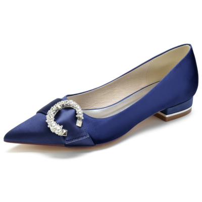 Navy Pointed Toe Rhinestones Side Buckle Satin Flats for Work