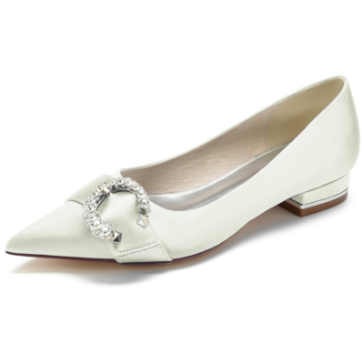 Ivory Pointed Toe Rhinestones Side Buckle Satin Flats for Work