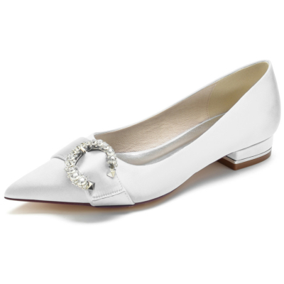 White Pointed Toe Rhinestones Side Buckle Satin Flats for Work