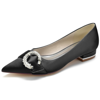 Black Pointed Toe Rhinestones Side Buckle Satin Flats for Work