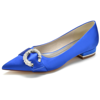 Pointed Toe Rhinestones Side Buckle Satin Flats for Work