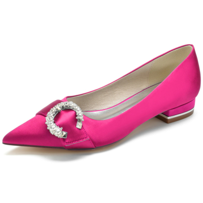 Magenta Pointed Toe Rhinestones Side Buckle Satin Flats for Work
