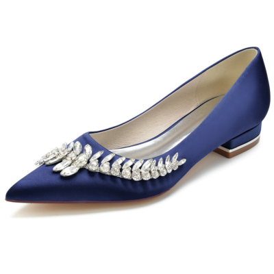 Navy Pointed Toe Satin Bridal Flats Shoes with Jewelled Embellishments