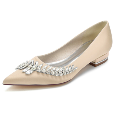 Champagne Pointed Toe Satin Bridal Flats Shoes with Jewelled Embellishments