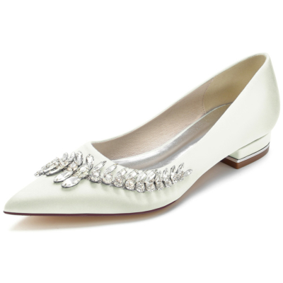 Ivory Pointed Toe Satin Bridal Flats Shoes with Jewelled Embellishments