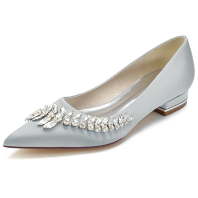 Grey Pointed Toe Satin Bridal Flats Shoes with Jewelled Embellishments