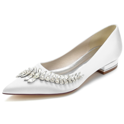 Pointed Toe Satin Bridal Flats Shoes with Jewelled Embellishments