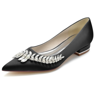 Black Pointed Toe Satin Bridal Flats Shoes with Jewelled Embellishments