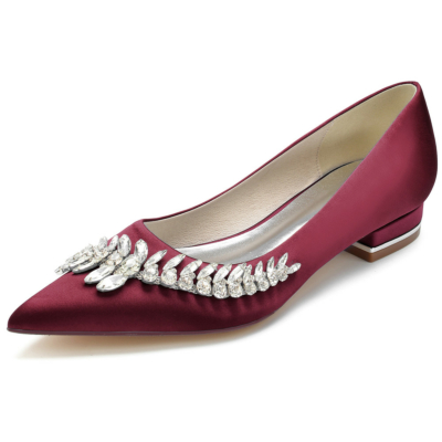Burgundy Pointed Toe Satin Bridal Flats Shoes with Jewelled Embellishments