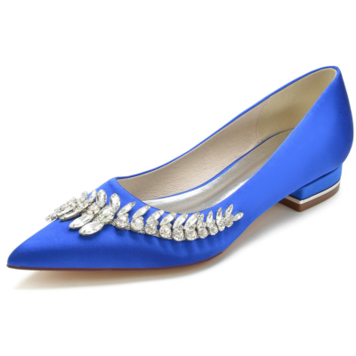 Royal Blue Pointed Toe Satin Bridal Flats Shoes with Jewelled Embellishments